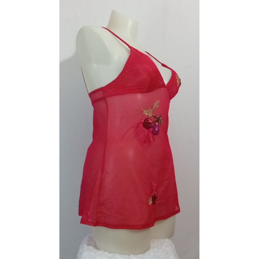 VINTAGE Victoria' Secret Red Floral Cherry Sequin Embroidered V-neck Lingerie L - Picture 2 of 4